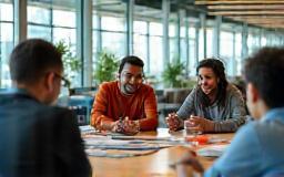 Multicultural colleagues collaborating in open workspace